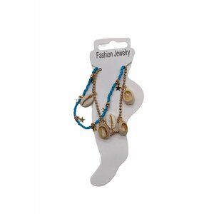 Sea Shell Anklets With Star Charms Blue Beads & Gold Chain Adjustable Womens Fas